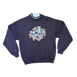 Vintage Morning Sun Cat Bird Graphic Brown Sweater Made In USA Medium GUC Granny